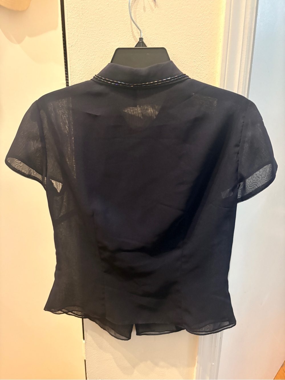 Nanette Lepore Navy Sheer Short-Sleeve Button-Down with Beaded Collar Accent - Picture 4 of 7